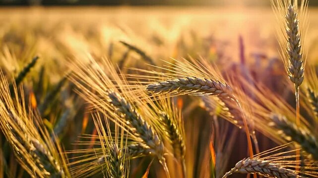 Golden wheat field bathed in warm sunset light, showcasing the bounty of nature and agricultural abundance.