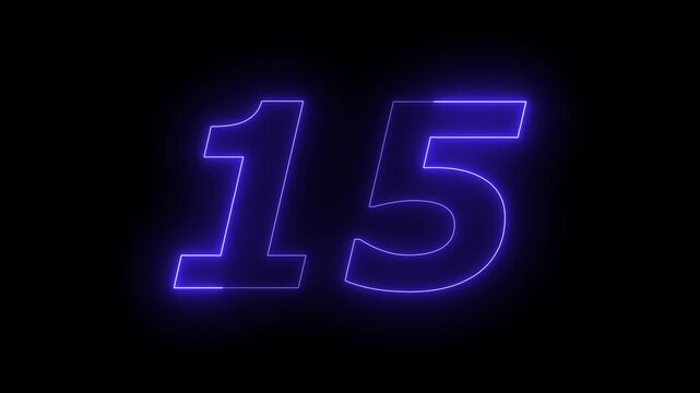 Glowing Neon 15 number educational mathematics text icon animation on black background. a dynamic motion and glowing neon number countdown icon animation.