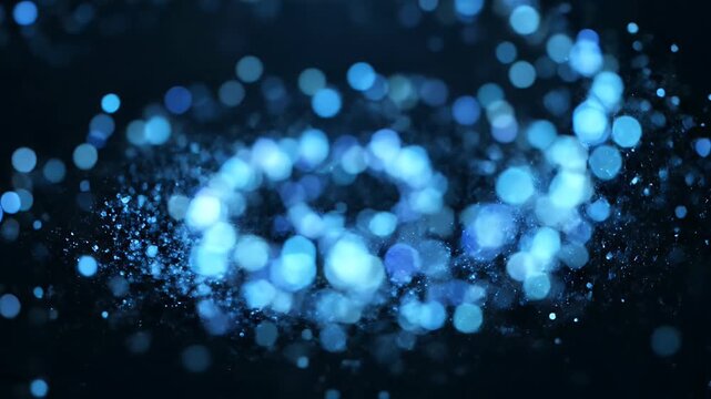 Abstract swirling blue bokeh lights on a dark background.