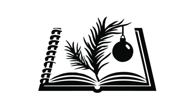 Open book with leaf and fruit illustration in dark silhouette style suitable for education and nature themes