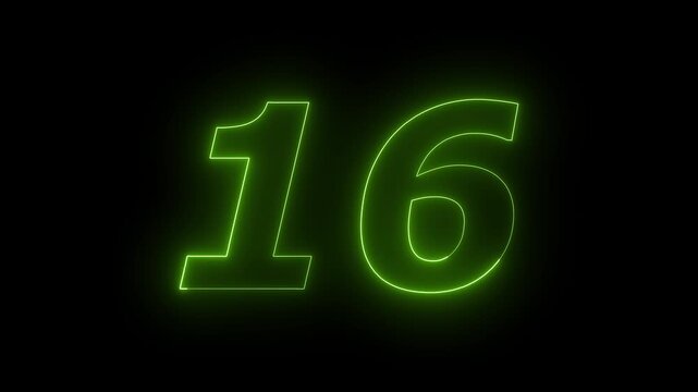 Glowing Neon 16 number educational mathematics text icon animation on black background. a dynamic motion and glowing neon number countdown icon animation.