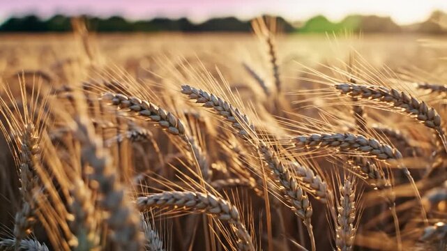 Golden wheat field under warm sunlight, showcasing ripe grains ready for harvest, representing abundance and nature's bounty.