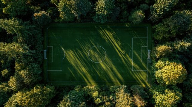 Aerial view of a soccer field surrounded by dense green trees with sunlight casting shadows across the pitch.
