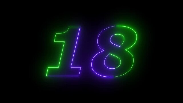 Glowing Neon 18 number educational mathematics text icon animation on black background. a dynamic motion and glowing neon number countdown icon animation.