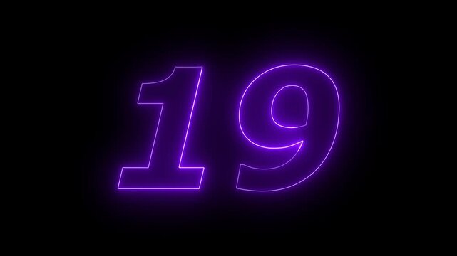 Glowing Neon 19 number educational mathematics text icon animation on black background. a dynamic motion and glowing neon number countdown icon animation.