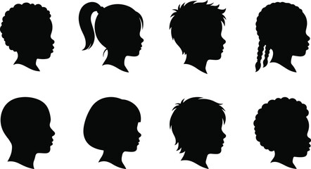 Children Head Silhouette Collection with Diverse Hairstyles and Profile Portrait Set © Md Baccu