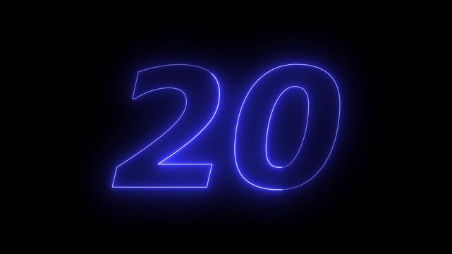 Glowing Neon 20 number educational mathematics text icon animation on black background. a dynamic motion and glowing neon number countdown icon animation.