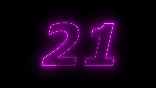 Glowing Neon 21 number educational mathematics text icon animation on black background. a dynamic motion and glowing neon number countdown icon animation.