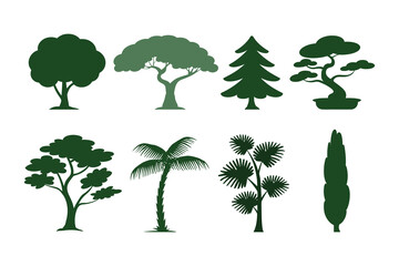 Fototapeta premium Set of eight isolated green tree silhouettes on white background flat design for graphic landscape.