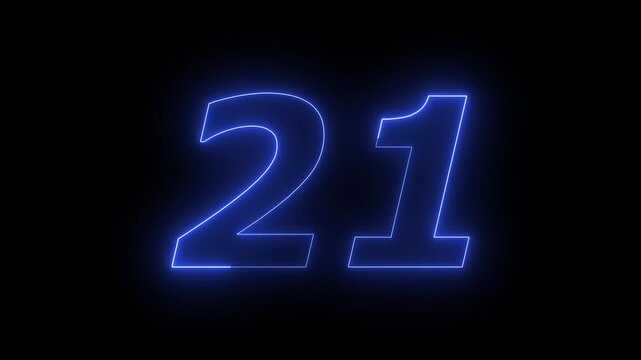 Glowing Neon 21 number educational mathematics text icon animation on black background. a dynamic motion and glowing neon number countdown icon animation.