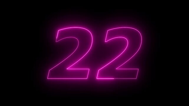Glowing Neon 22 number educational mathematics text icon animation on black background. a dynamic motion and glowing neon number countdown icon animation.