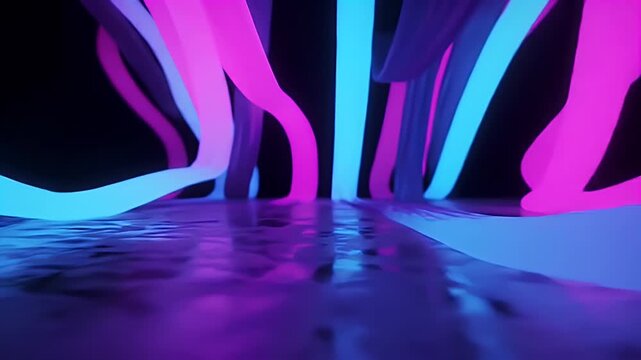 Abstract swirling ribbons of neon light in pink and blue create a vibrant, futuristic backdrop.