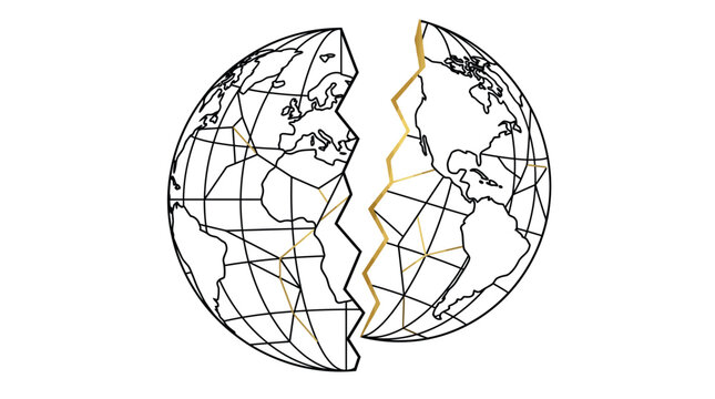 Divided Planet Earth Globe Cracked Open with Gold Line