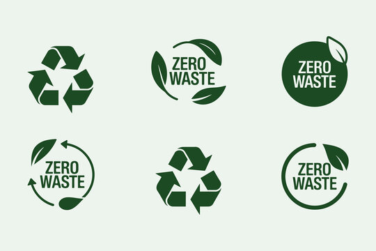 Collection of zero waste icons with recycle symbols and leaves in flat design vector illustration.