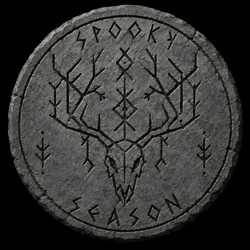 Halloween spooky season rune stone with deer skull and nordic pagan symbols isolated on black background