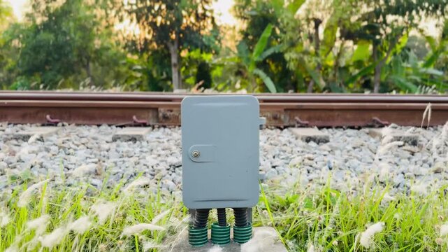Industrial Metal Junction Box on Railway Track in Rural Landscape