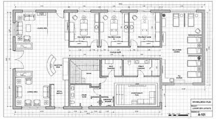 Fototapeta premium Architectural floor plan of a modern spa facility with treatment rooms and reception area
