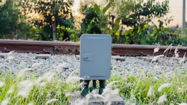 Close-up of Railroad Electronic Control Box next to Train Tracks