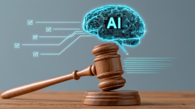 A wooden judge"s gavel with a digital brain displaying "AI," symbolizing artificial intelligence in law and judicial decisions.