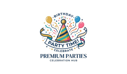 Birthday Party Hat Logo with Confetti and Balloons – Editable Vector Icon