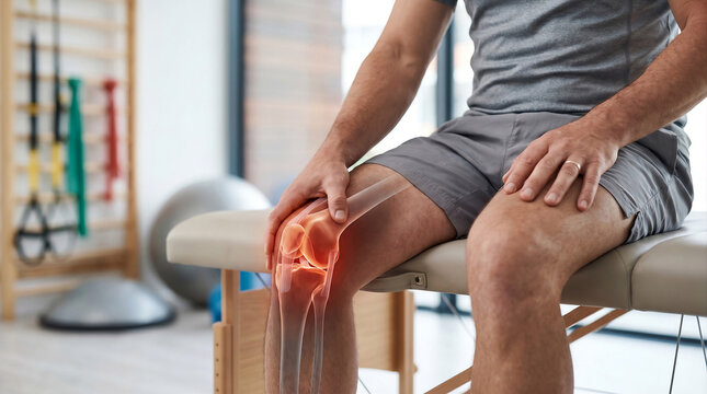 Man Sitting on Physical Therapy Table Holding Painful Knee with Highlighted Joint Anatomy During Rehabilitation