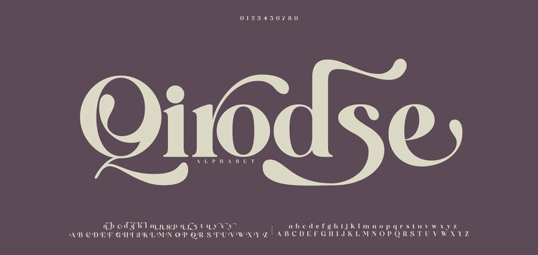 Qirodse Beauty Luxury font alphabet logo. Typography beautiful fashion elegant classic letters serif italic fonts decorative wedding vintage blossom logos. vector illustration