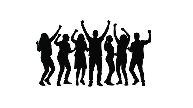 group of people dancing and celebrating in dark indoor setting with colorful lighting