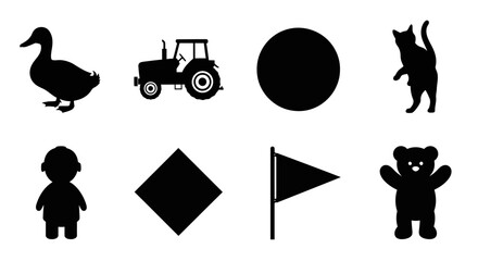 Black icons, animal shapes, farm tractor, kid and bear silhouettes, 8 graphic elements © imran