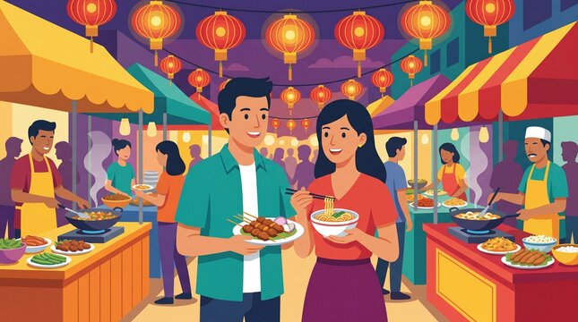 Couple enjoying street food at vibrant night market with colorful lanterns