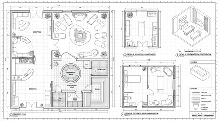 Obraz premium Architectural floor plan of a modern spa and wellness center with treatment rooms and reception area