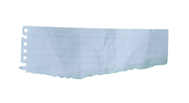 Sheet of lined white paper, Torn piece crumpled isolated transparent background.