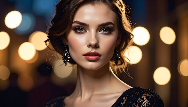 Elegant woman wearing black lace dress and ornate earrings