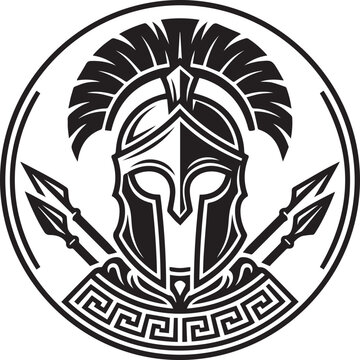 Spartan Warrior Helmet Emblem. Greek Hoplite with Crossed Spears Vector Icon