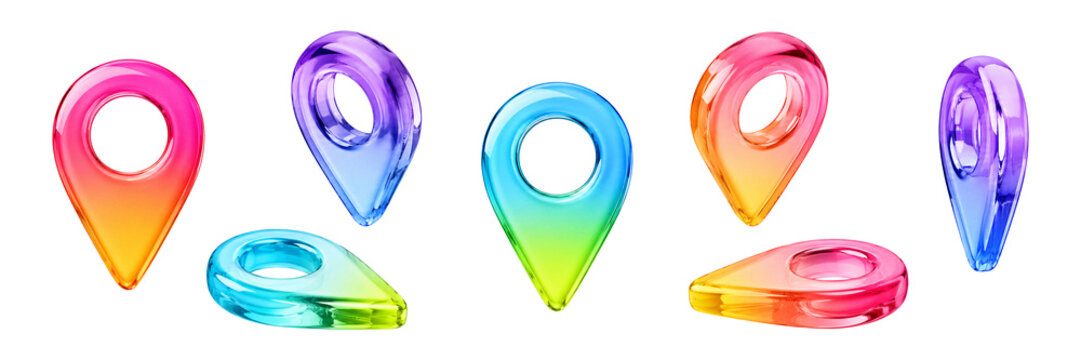 3D Colorful Glass Map Pin Set from Different Angles, Glossy Rainbow Gradient Location Pointer Icons for Navigation and Travel Concept Isolated on Transparent Background