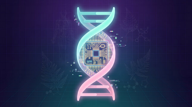 Glowing Neon DNA Helix with Microchip on Grid Background vaporwave retro style