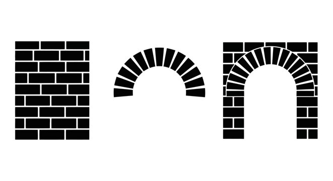 Brick wall, arch, and doorway icons, black brickwork elements, vector graphics, architecture design