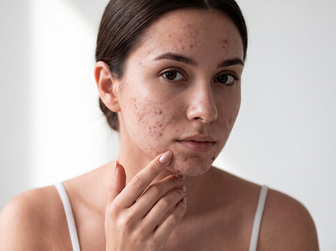 Young woman touching her face showing acne and blemishes on her skin