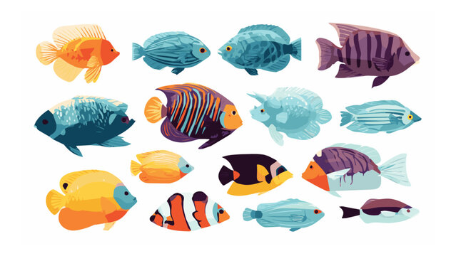 Colorful tropical fish variety with vibrant hues and diverse shapes swimming in clear water for aquarium or marine life themes