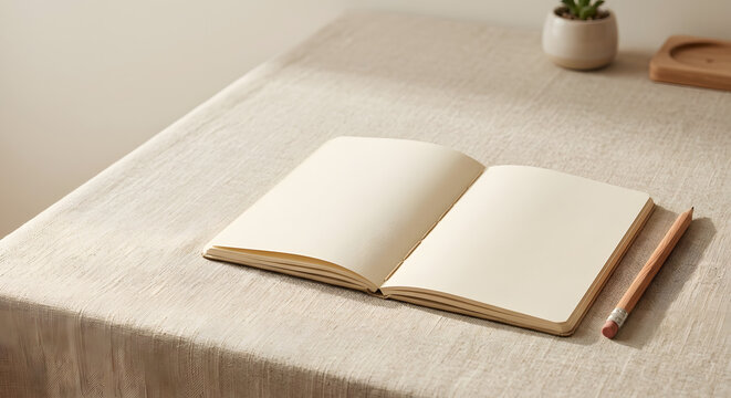 Open blank notebook with a wooden pencil on a textured linen tablecloth, minimalist workspace concept