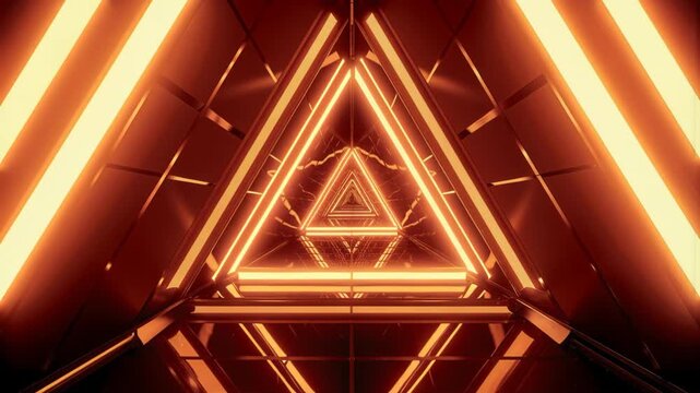 Futuristic golden glowing triangular tunnel creating an optical illusion with repeating frames and reflective surfaces.