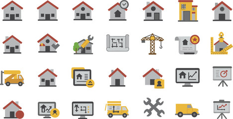 Fototapeta premium Real estate icons, property management symbols, construction tools, home repair services, architecture planning, housing development graphics vector illustration