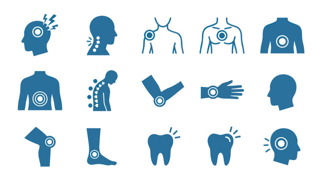 Minimal flat vector icon set featuring 12 body pain locations: headache, neck pain, shoulder pain, chest pain, stomach pain, back pain, elbow pain, wrist pain, knee pain, ankle pain, tooth pain