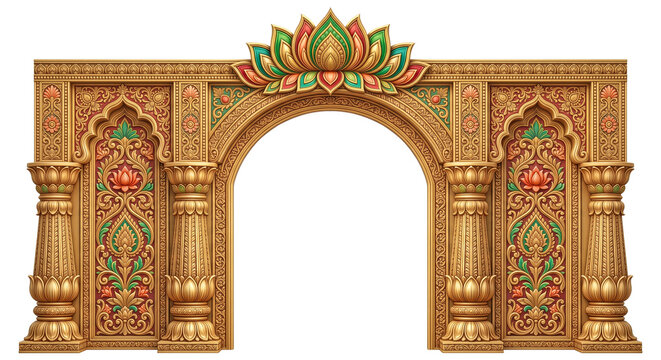 Luxury Ornate Indian Wedding Entrance Arch with Lotus Motif, Golden Floral Carvings and Traditional Temple Style Frame Isolated on Transparent Background