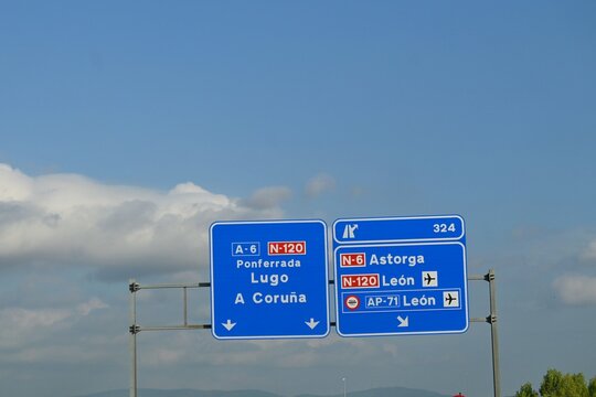 Road sign for exit 324 to Astorga and Leon airport on the A 6 motorway, Spain ,
June 29, 2026