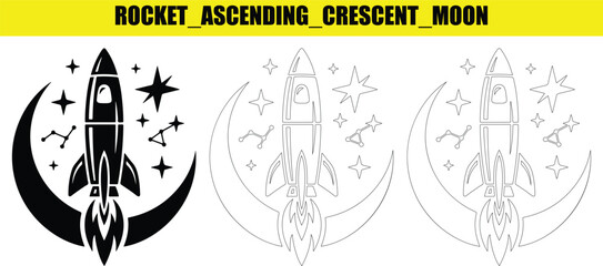 Rocket ascending crescent moon. © MonirVector