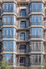 Fototapeta premium Classic Building Facade with Glass Windows and Balconies in Barcelona, Eixample District Residential Architecture, Historic