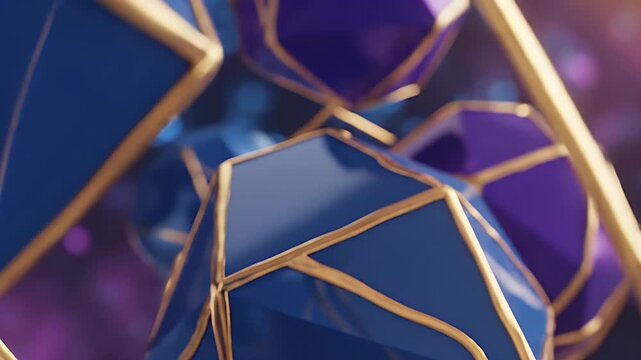 Abstract geometric shapes in blue and purple with golden metallic outlines.