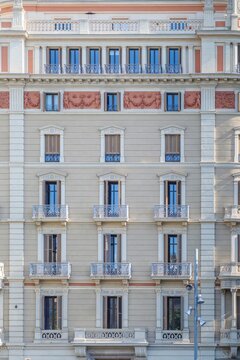 Barcelona, Classic Building Facade with Balconies and Relief Frieze, Historic Eixample Architecture