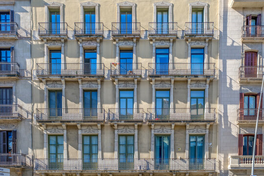 Barcelona Facade, Classic Building, Symmetric Iron Balconies and Windows, Apartment House Exterior