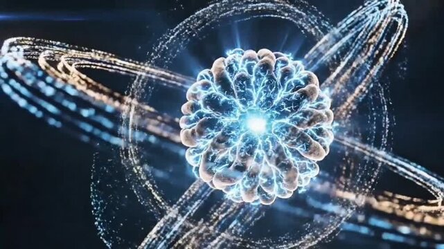 Glowing Neural Sphere Rotating in Space, Spinning AI Network Structure, Futuristic Digital Brain Animation, Sci-Fi Technology Background